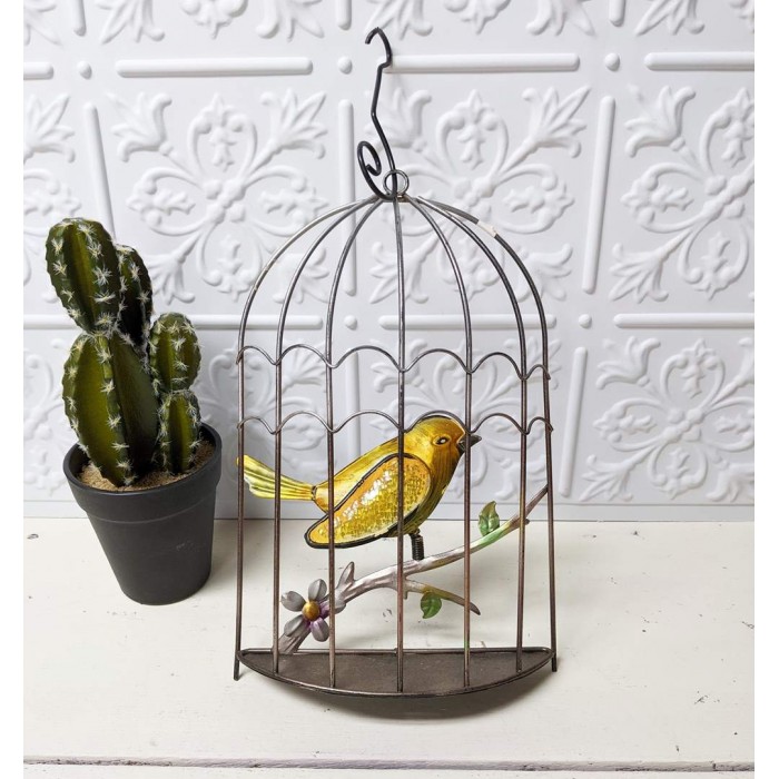Déco murale demi-cage oiseau jaune